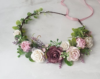 Couronne de fleurs boho blush violet doux rose violet casque floral Woodland postiche bandeau de mariage mariée