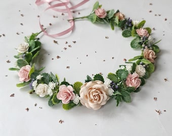 Pale blush pink flower crown Bridal floral headpiece Wedding flower girl floral hairpiece