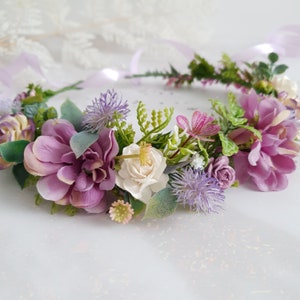 Corona di fiori viola, corona per capelli da sposa boho con fiori selvatici, corona per damigella d&#39;onore, corona per maternità, copricapo da sposa, cerchietto per damigella d&#39;onore