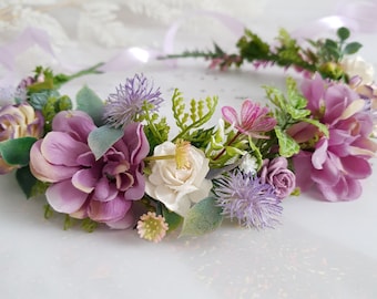 Purple flower crown Wildfowers boho bride hair wreath Flower girl crown Maternity crown Wedding headpiece Flower girl headband