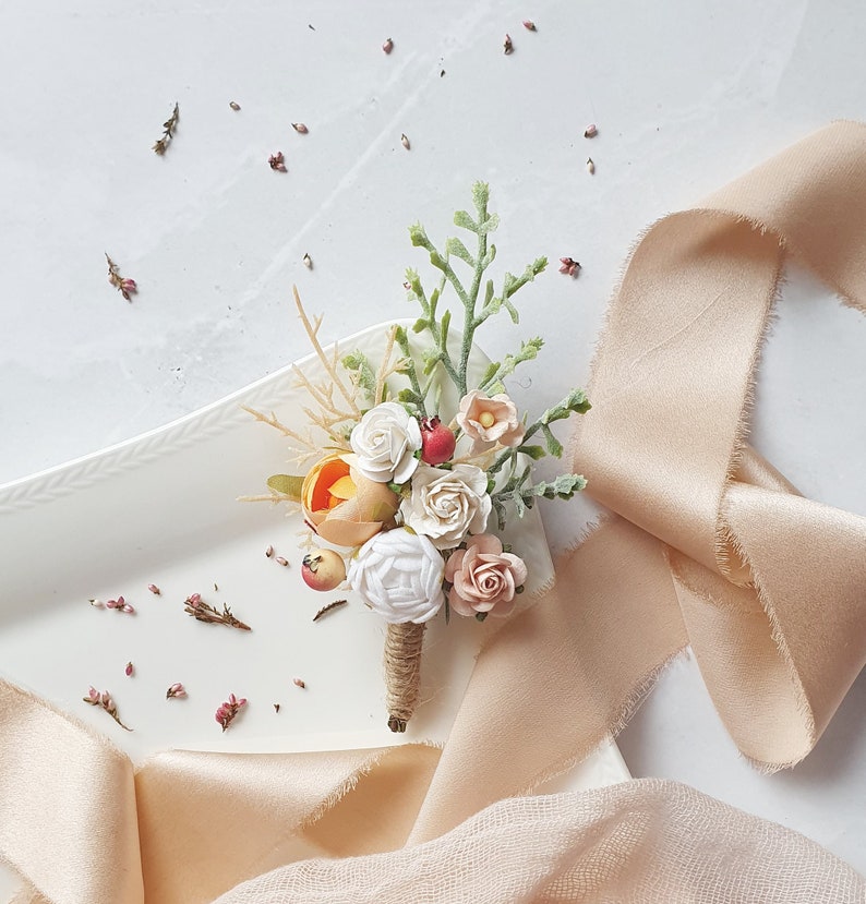 Pale peach blush boutonniere Boho groom flowers Burnt orange woodland wedding buttonhole image 4