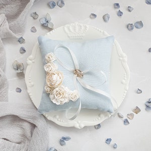 Blue wedding ring pillow Natural linen flower ring holder Bearer pillow Ring cushion Bearer pillow Engagement box image 2