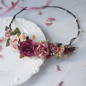 Bourgogne rose poussiéreuse couronne fleur rose poussiéreux coiffe florale mariage image 4