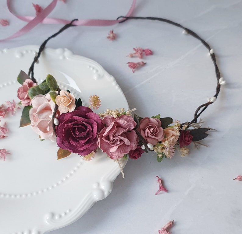 Bourgogne rose poussiéreuse couronne fleur rose poussiéreux coiffe florale mariage image 4