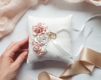 Blush ring pillow wedding Blush pink boho ring holder Bearer pillow Linen ring holder Rustic engagement box