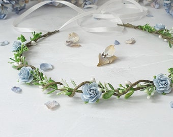 Morbida corona di fiori blu Copricapo da sposa verde blu da sposa Copricapo floreale da damigella d'onore Flower girl halo Copricapo da comunione