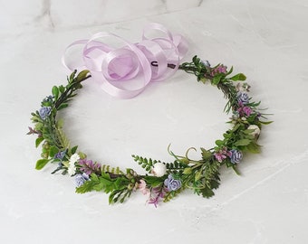 Lavendel zarte lila Blumenkrone Greenery Boho Floral Headpiece Flieder Headpiece Hochzeit Elfen Blumenkranz