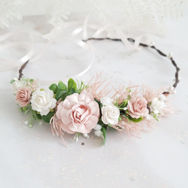 Blush pale peach flower crown Wedding boho headpiece Floral halo Bridal hair vine