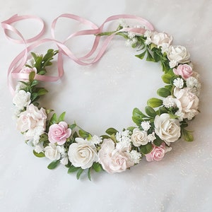 Blush bridal boho crown Soft pink flower girl crown Blush white flower headband Pastel color hairpiece image 3