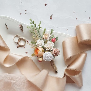 Pale peach blush boutonniere Boho groom flowers Burnt orange woodland wedding buttonhole