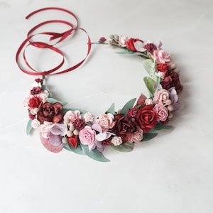 Burgundy blush pink flower crown Woodland flower crown Fall headpiece Bridal photoshoot Boho floral hairpiece