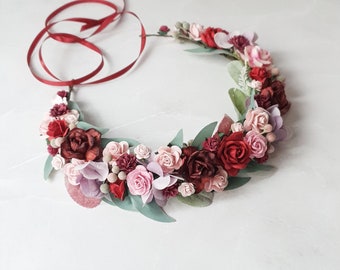 Burgundy blush pink flower crown Woodland flower crown Fall headpiece Bridal photoshoot Boho floral hairpiece