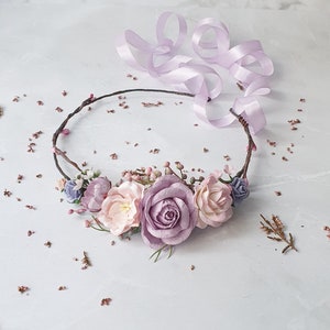 Lilac blush floral crown Wedding lavender pink flower headpiece Bridal lilac spring hairpiece Flower girl halo image 3