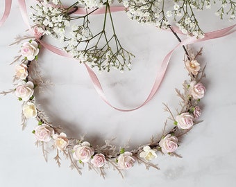 Flower crown wedding Blush ivory floral bridal headpiece Dainty flower headband Bridesmaid crown Flower girl halo