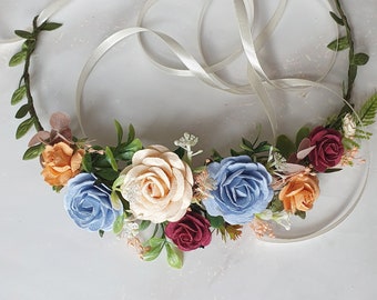 Blue burgundy orange headpiece Wedding boho crown Bridesmaid hairpiece Bachelorette party halo Flower girl gift