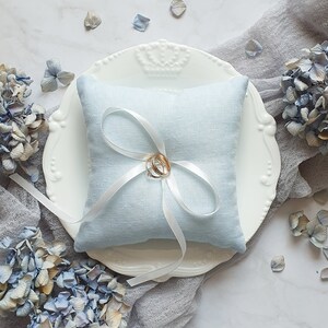 Blue wedding ring pillow Natural linen ring holder Bearer pillow Ring cushion Bridal gift image 2
