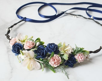 Navy bridal flower crown Fall wedding headpiece Boho wreath Navy blue flower girl halo Bridesmaid hairpiece