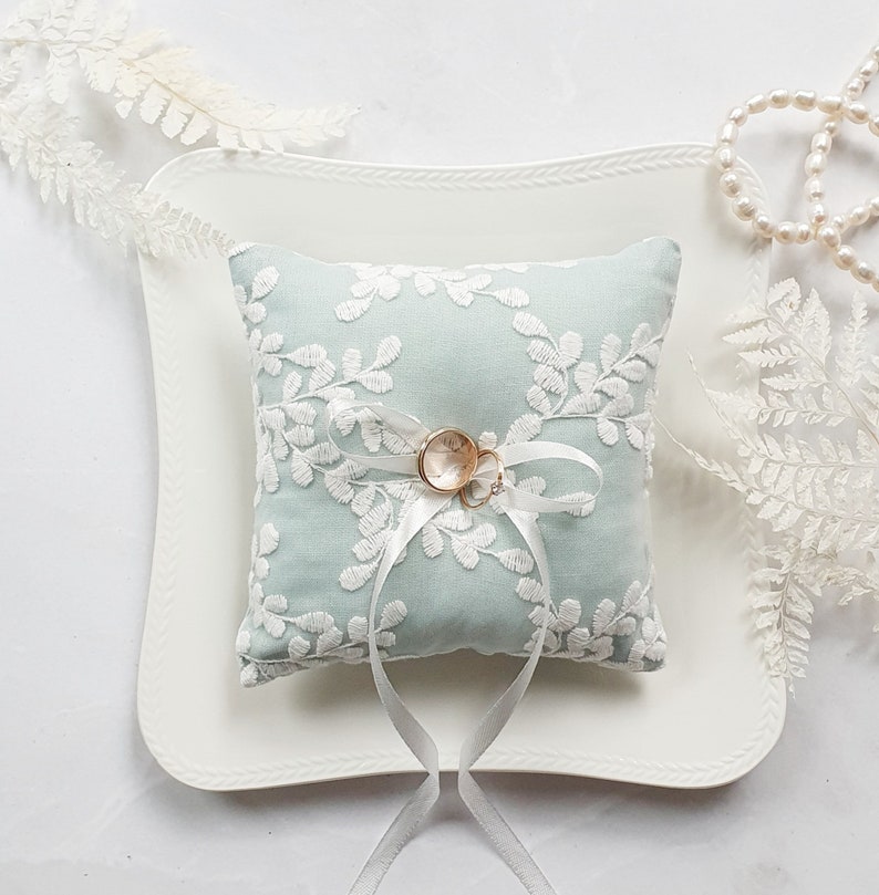 Sage greenery wedding ring pillow Bearer pillow Classic ring holder Engagement box Soft mint ring pillow image 6