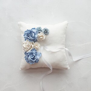 Wedding ring pillow Dusty blue ring holder Bearer pillow Linen ring holder Boho engagement box Wedding flower accessories image 3