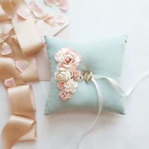 Linen sage green blush ring pillow Bearer pillow Classic ring holder Engagement box Mint ring pillow Summer wedding image 1