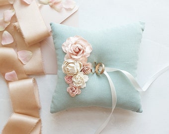 Linen sage green blush ring pillow Bearer pillow Classic ring holder Engagement box Mint ring pillow Summer wedding