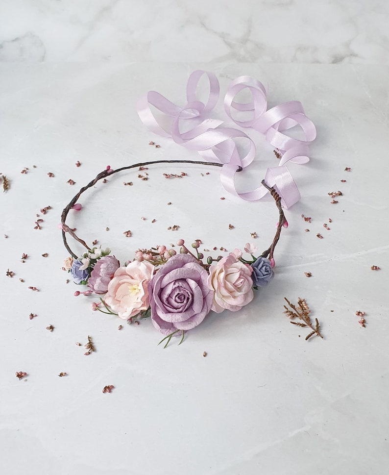 Lilac blush floral crown Wedding lavender pink flower headpiece Bridal lilac spring hairpiece Flower girl halo image 2