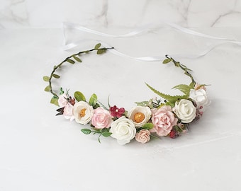 Pale blush pink flower crown Bridal floral headpiece Wedding flower girl floral hairpiece