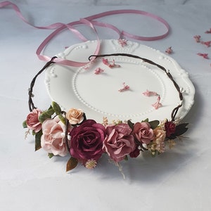 Bourgogne rose poussiéreuse couronne fleur rose poussiéreux coiffe florale mariage image 3