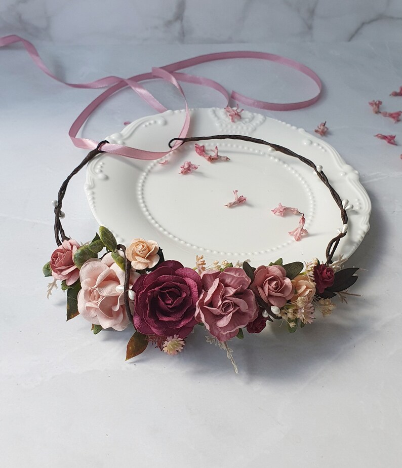 Bourgogne rose poussiéreuse couronne fleur rose poussiéreux coiffe florale mariage image 3