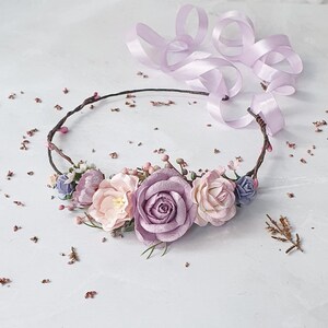 Lilac blush floral crown Wedding lavender pink flower headpiece Bridal lilac spring hairpiece Flower girl halo image 1