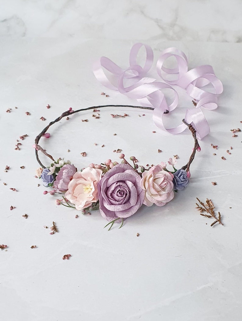 Lilac blush floral crown Wedding lavender pink flower headpiece Bridal lilac spring hairpiece Flower girl halo image 1