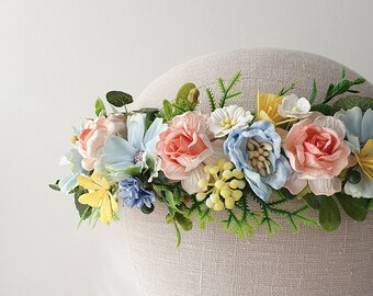 Half vine blue coral yellow flower crown Summer headpiece Boho photoshot colorful maternity hairpiece Wedding bridal halo