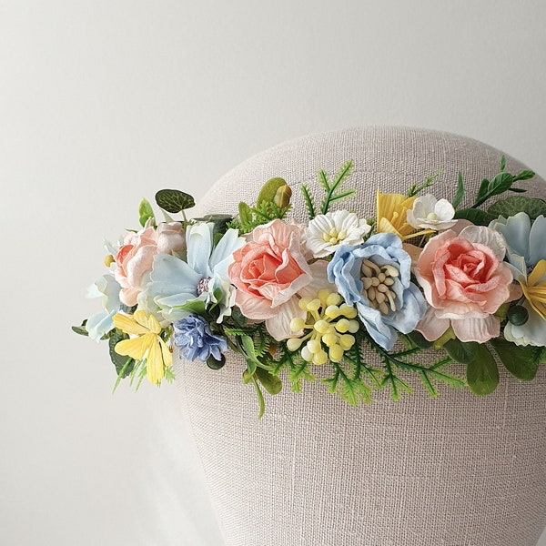 Half vine blue coral yellow flower crown Summer headpiece Boho photoshot colorful maternity hairpiece Wedding bridal halo