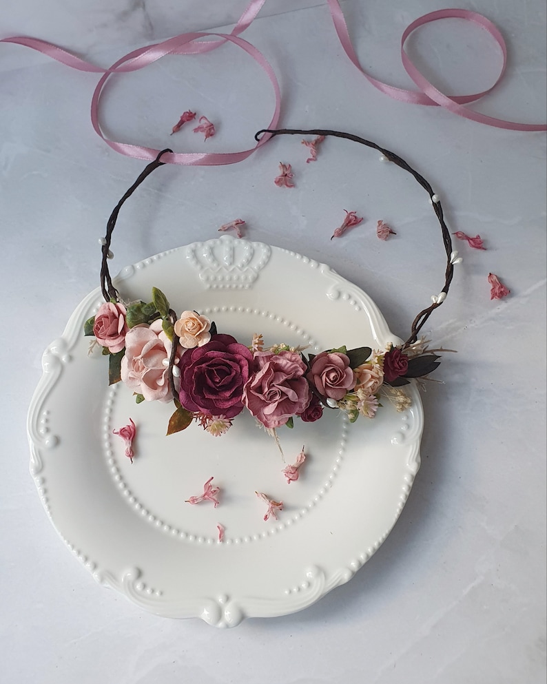 Bourgogne rose poussiéreuse couronne fleur rose poussiéreux coiffe florale mariage image 2