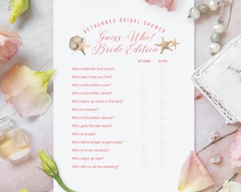 May include: A printable bridal shower game with the title "Guess Who! Bride Edition". The game asks questions about the bride and groom, such as who makes the first move, who is the better cook, and who will cry at the wedding. The game is designed for two players, with spaces for each player to mark their answers.