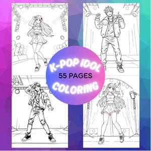 K-Pop Idol Coloring Book Set 55 Pages of Girl & Boy Idols Anime Style Bundle Digital Download