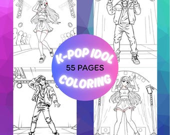 K-Pop Idol Coloring Book Set 55 Pages of Girl & Boy Idols Anime Style Bundle Digital Download