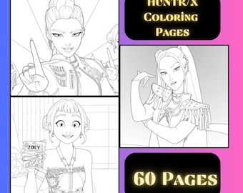 Huntrix K-pop Demon Hunters Coloring Book Dark Idol Printable Art Fantasy Kpop Coloring Pages PNG