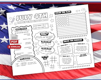 July 4th USA Activity Placemat: Patriotic Independence Day Game for Kids (Printable PDF Download) JF1