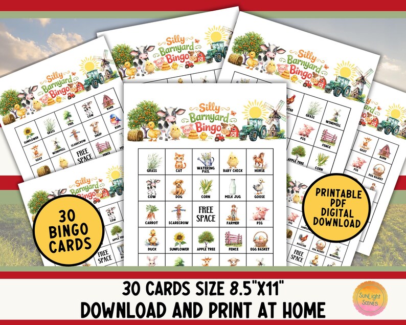 Farm Bingo Game: 30 Printable Bingo Cards Barnyard Birthday Party Game ...