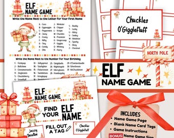 May include: A digital download featuring an "Elf Name Game" with a festive design. The game includes a name game page, blank name card tags, game instructions, and a bonus name game sign. The design incorporates gift boxes, stars, and a North Pole sign.