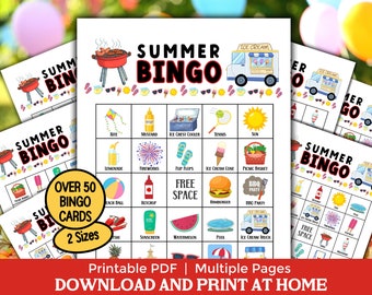 Summer Printable Bingo Cards, Ice Cream Social Kids Birthday Party, 100 Bingo Cards Family Reunion BBQ Picnic Game, Summer Camp Activity