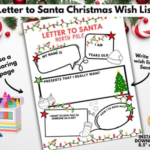 Brief an den Weihnachtsmann Alles über mich Weihnachten, einfach zu drucken Lieber Santa Brief, Kinder Urlaubsaktivität Weihnachtswunschliste Nordpol Malseite