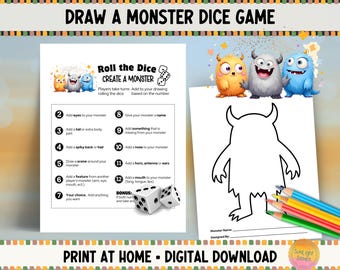Roll a Monster Dice Game: Printable Classroom Group Drawing Activity, Kids Halloween Coloring Page (PDF Digital Download) H1