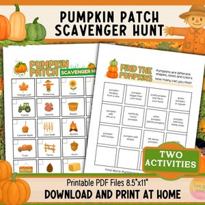 Puede incluir: Una búsqueda del tesoro imprimible del huerto de calabazas con dos actividades. El diseño presenta ilustraciones de calabazas, hojas y otros elementos temáticos de otoño. El texto dice "Pumpkin Patch Scavenger Hunt" y "Download and Print at Home".