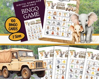 Printable Safari Bingo Cards for Kids (PDF Digital Download): 100 Bingo Cards Jungle Birthday Game, Fun Zoo Animal Party Activity KZC