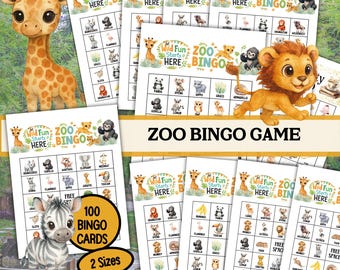 Zoo Animal Bingo Game 100 Cards (Printable PDF Digital Download): Fun Kids Activity for Parties and Learning  KZC