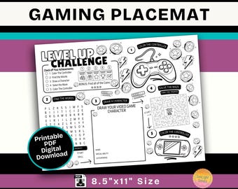 Video Game Placemat Activity (PDF Digital Download): Gaming Birthday Party Kids Coloring Page, Screen-Free Gamer Activity KZC