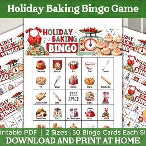 May include: A printable holiday baking bingo game with 50 cards in two sizes. The bingo card features a watercolor illustration of a vintage kitchen scale, baking supplies, and the words "Holiday Baking Bingo".