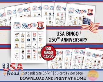 250th Anniversary USA 100 Bingo Cards (PDF Digital Download) P1